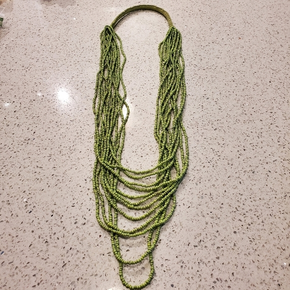 Green Beaded Statement Necklace Long Layered Tiered Tribal Boho Tropical Preppy - Picture 1 of 5